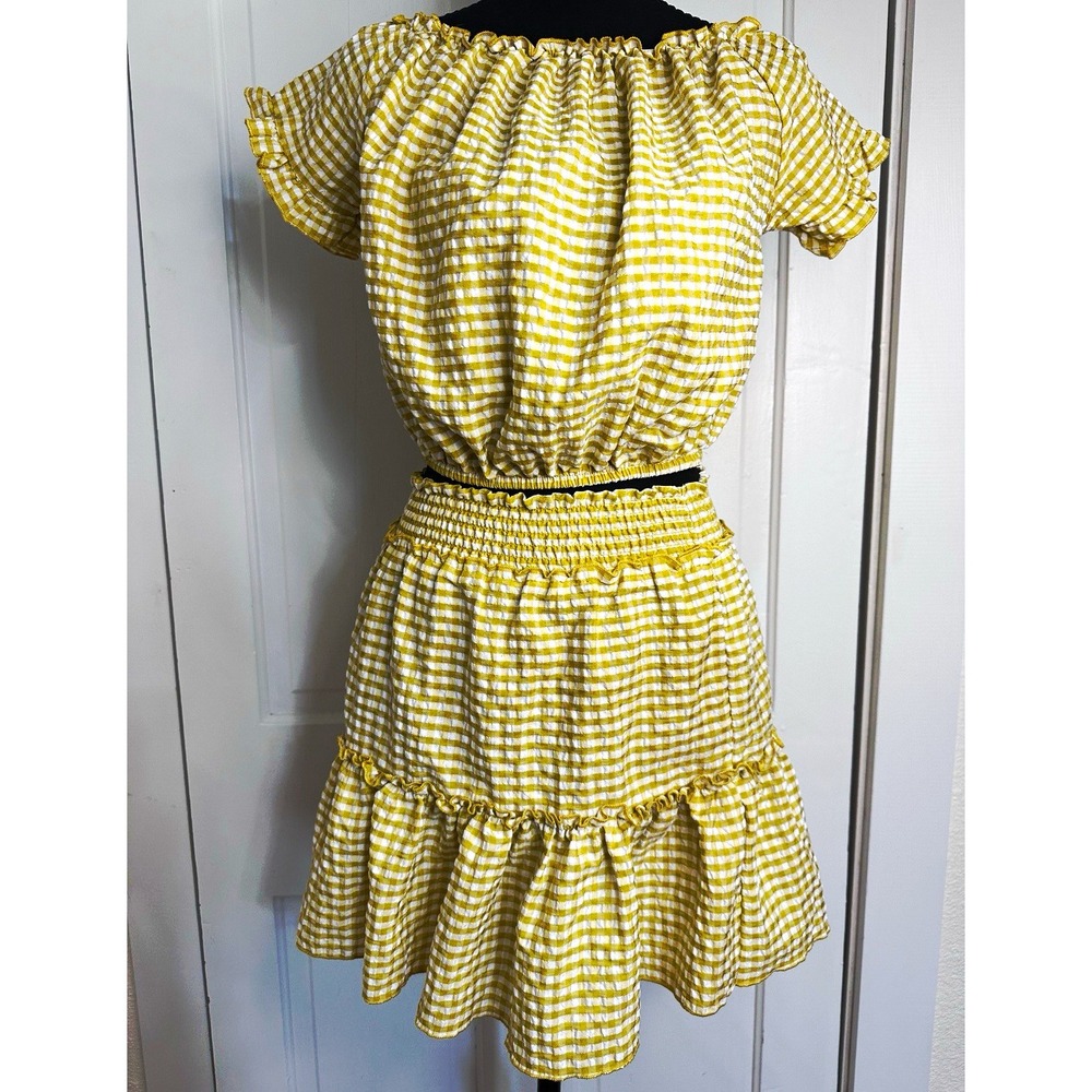 C-MODE Women's 2pc Seersucker Gingham Off-Shoulder Top Skirt Set S